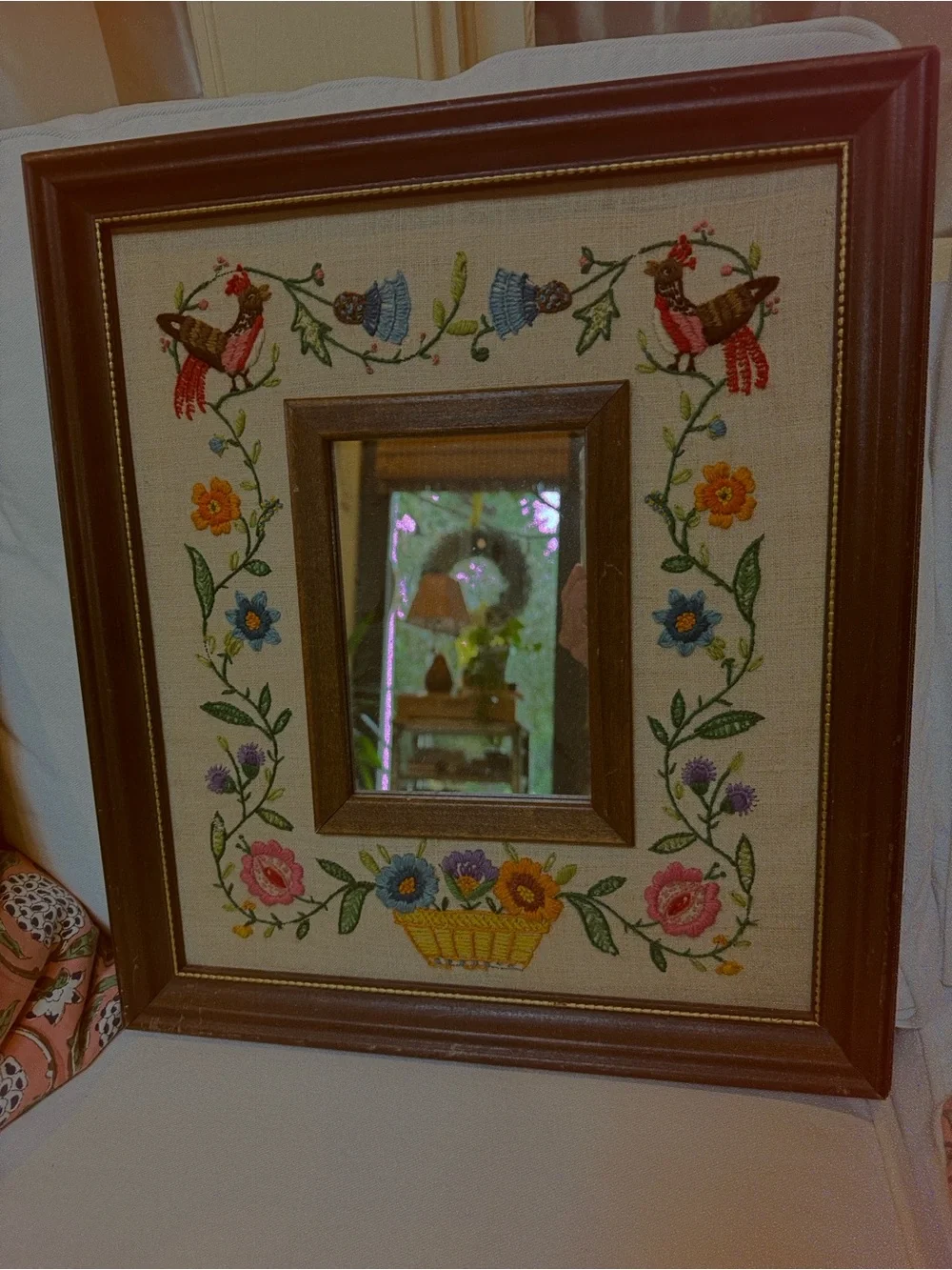 Vintage embroidery crewel framed mirror. Floral bird design